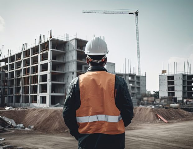 construction worker wearing a protective helmet and stand and look at the of building industry construction site, generative ai